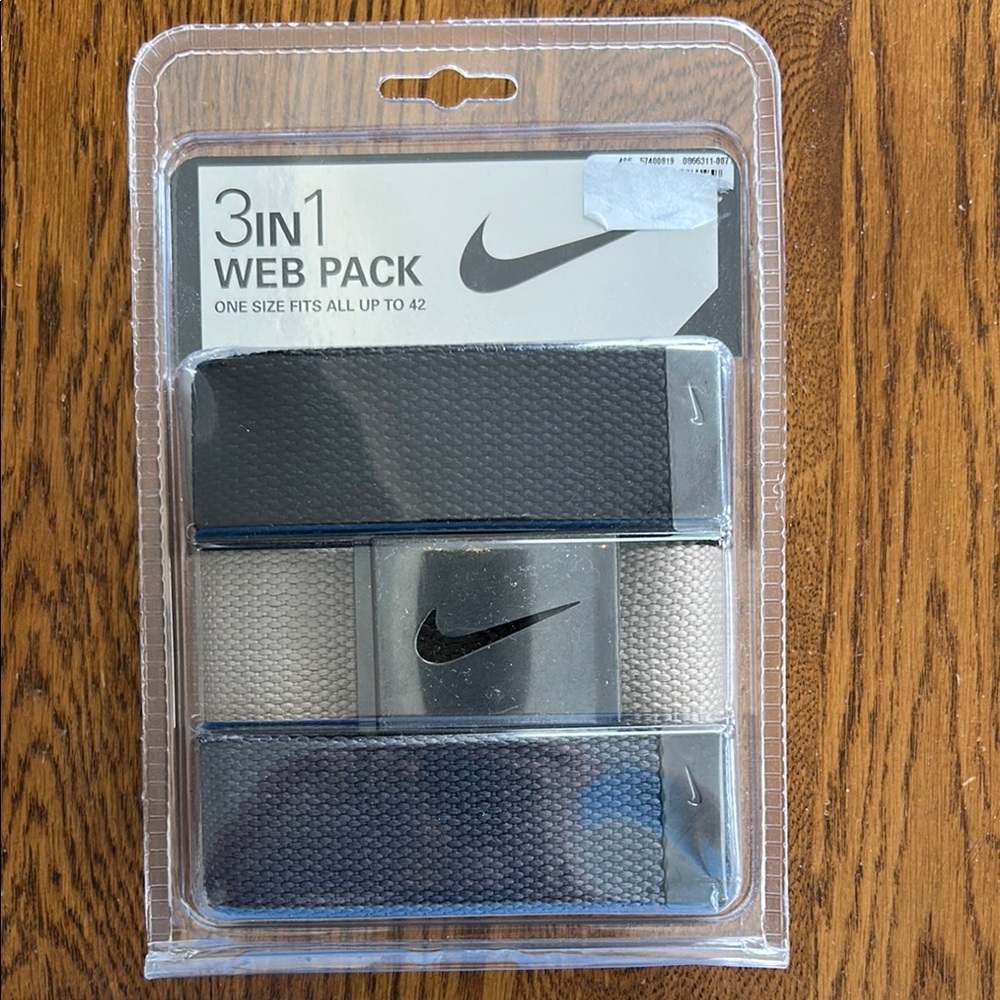 NIKE 3 in 1 set of Black, tan, and Blue Belt Set- NWT/SFH- fits up to size 42”